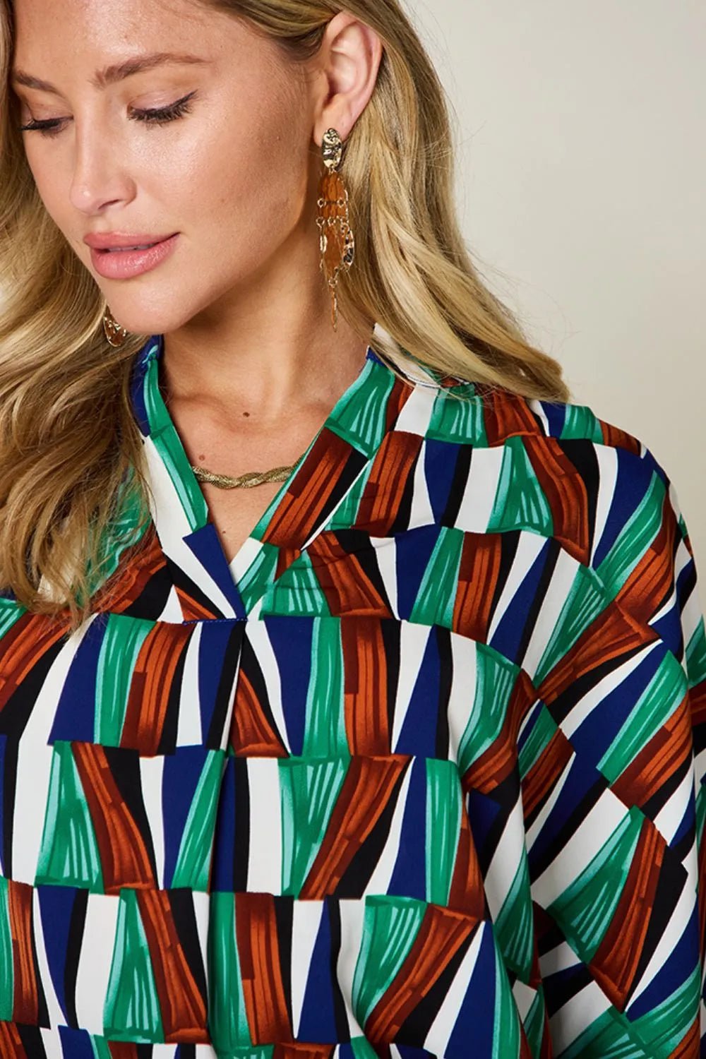 Double Take Full Size Geometric Notched Dolman Sleeve Top - Desert Sunday