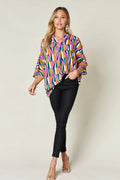 Double Take Full Size Geometric Notched Dolman Sleeve Top - Desert Sunday