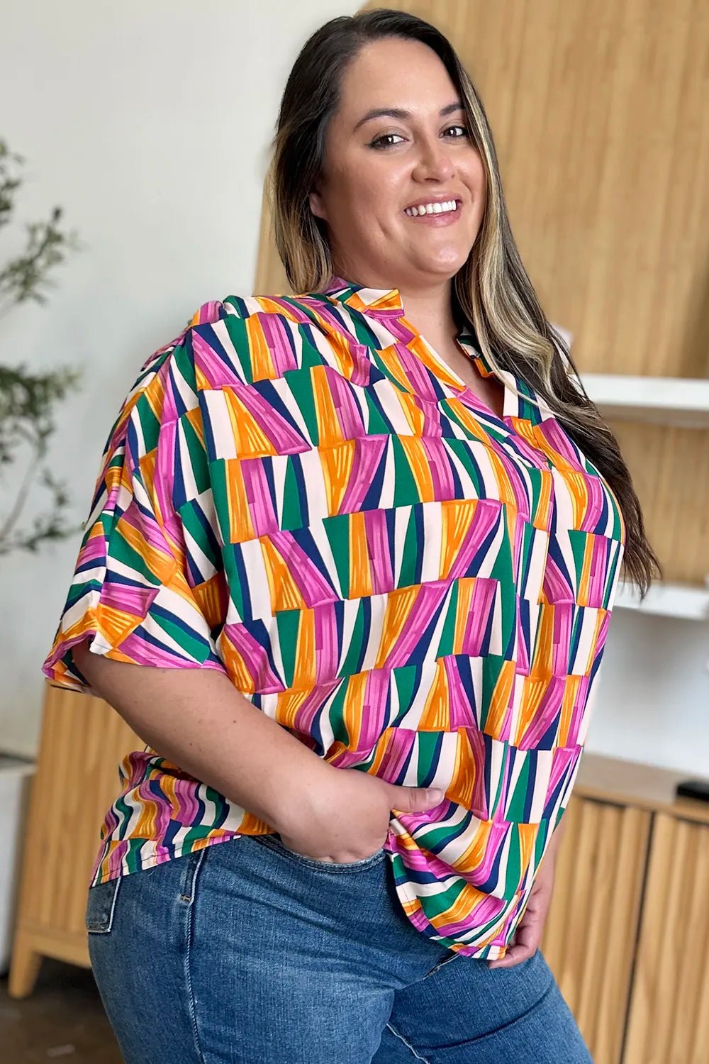 Double Take Full Size Geometric Notched Dolman Sleeve Top - Desert Sunday