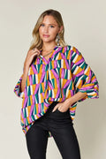 Double Take Full Size Geometric Notched Dolman Sleeve Top - Desert Sunday