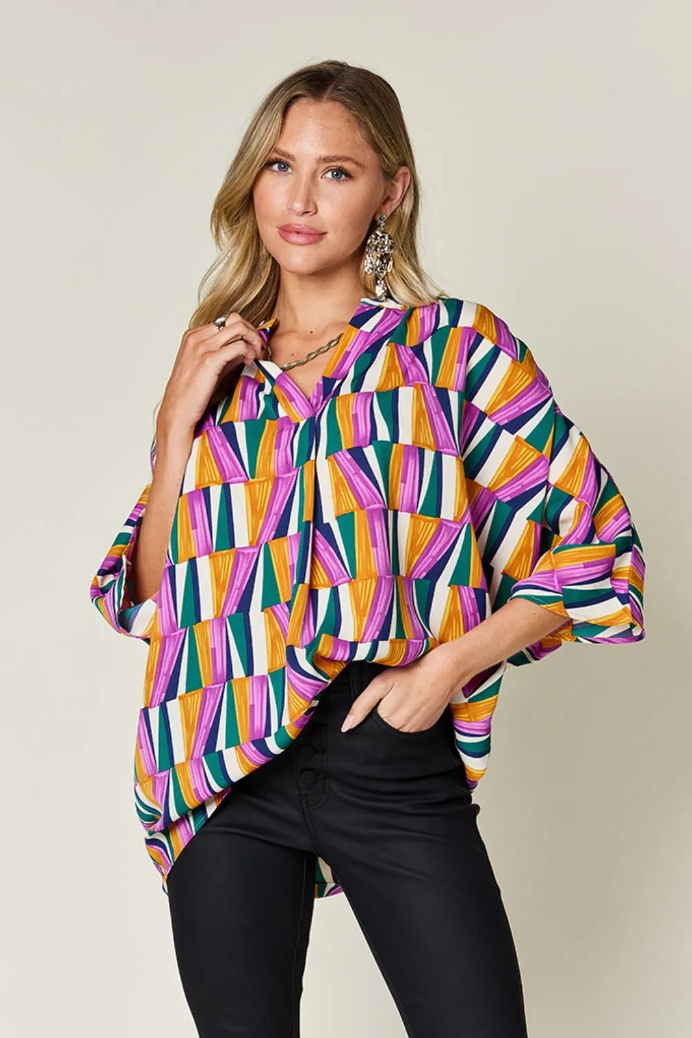 Double Take Full Size Geometric Notched Dolman Sleeve Top - Desert Sunday