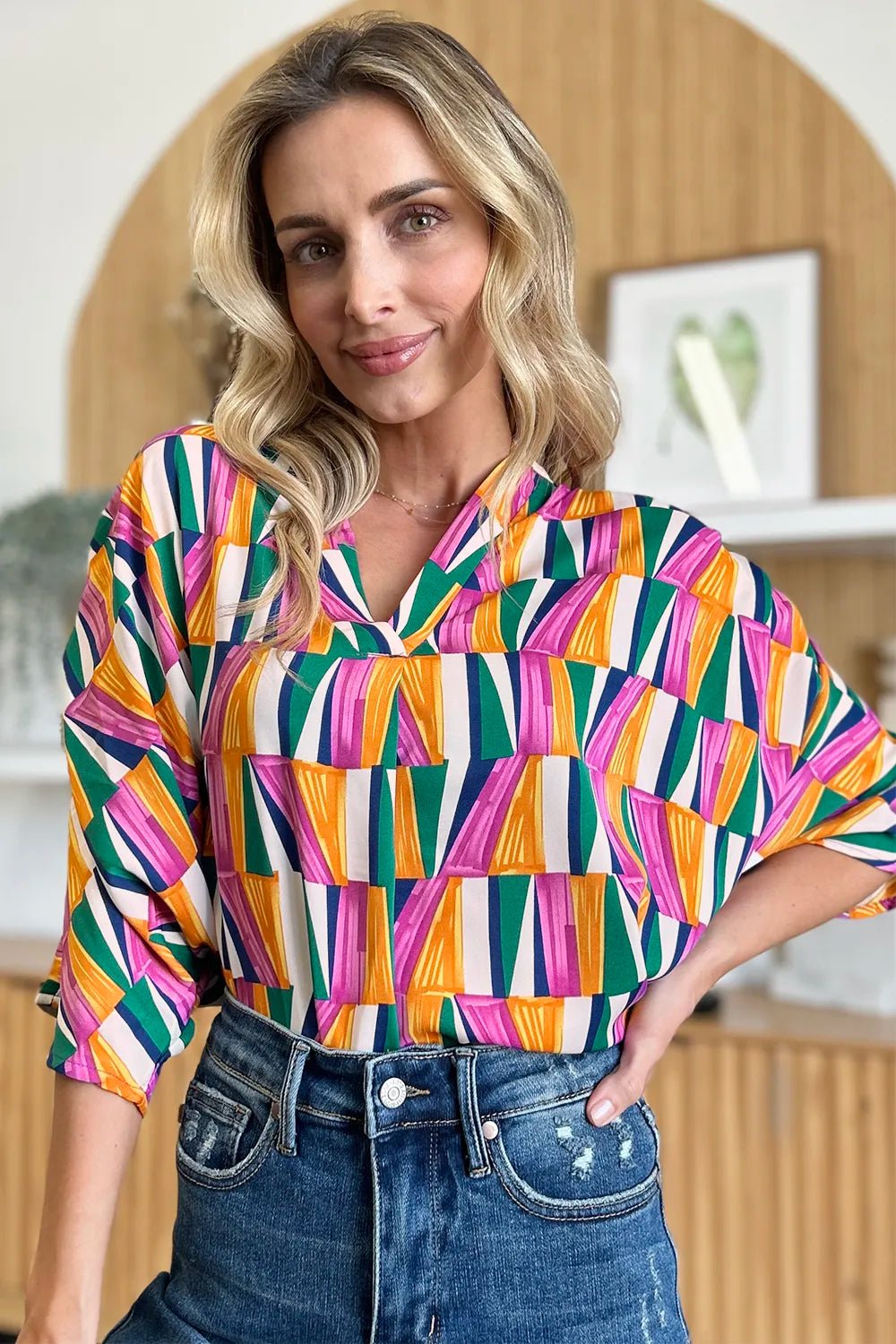 Double Take Full Size Geometric Notched Dolman Sleeve Top - Desert Sunday