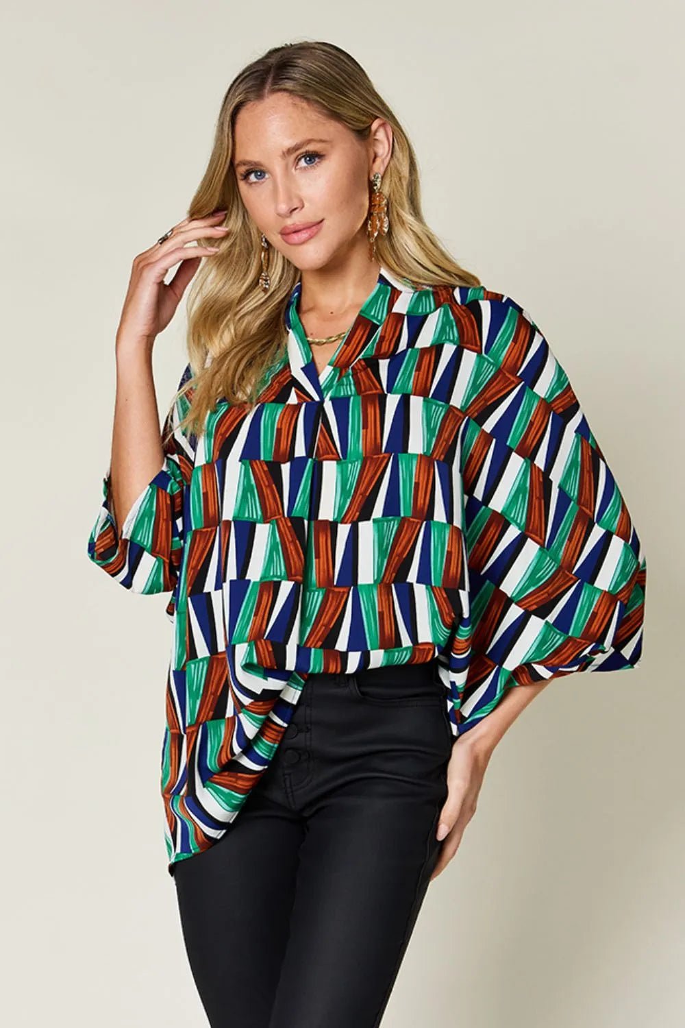 Double Take Full Size Geometric Notched Dolman Sleeve Top - Desert Sunday