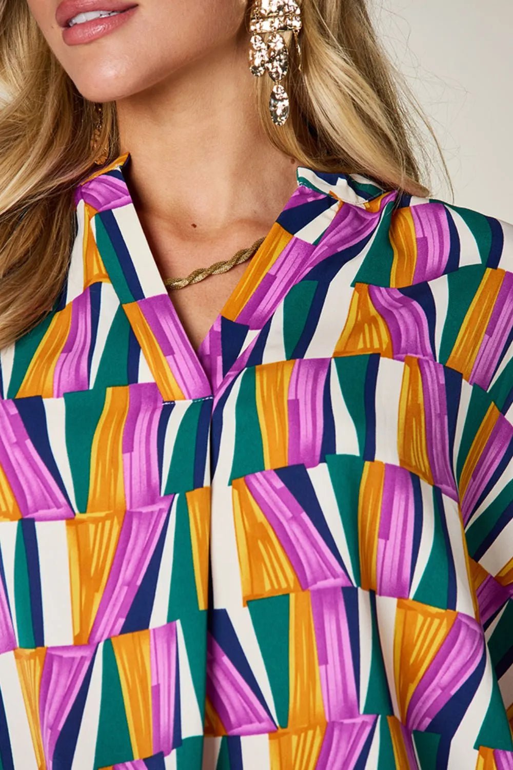 Double Take Full Size Geometric Notched Dolman Sleeve Top - Desert Sunday