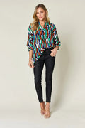 Double Take Full Size Geometric Notched Dolman Sleeve Top - Desert Sunday