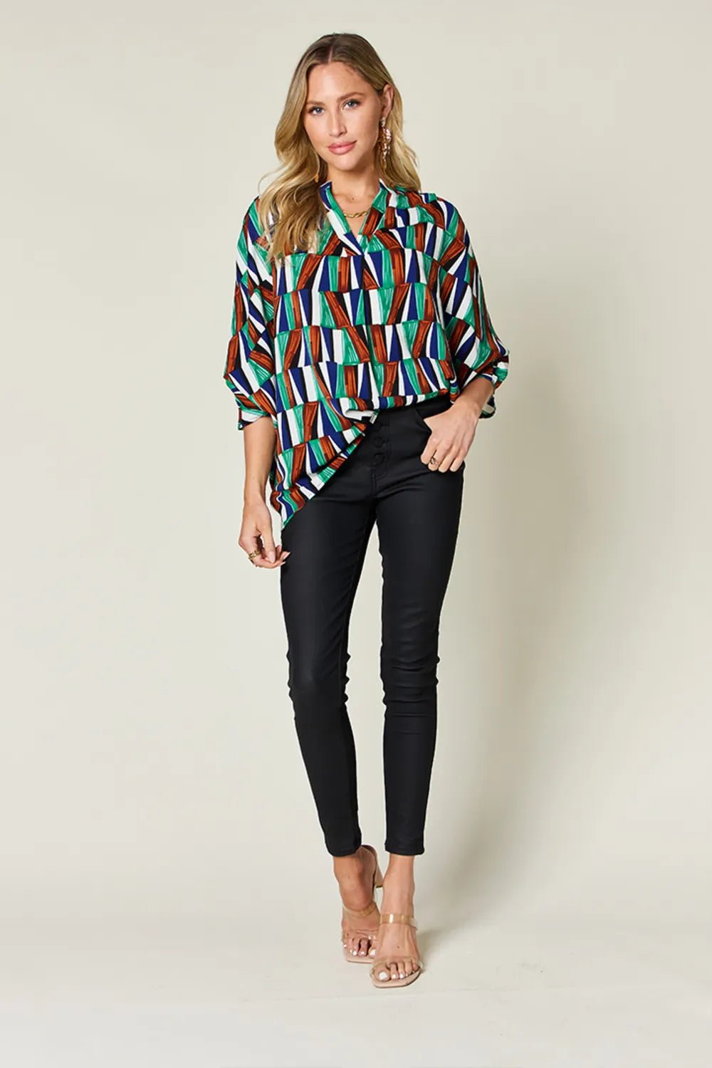 Double Take Full Size Geometric Notched Dolman Sleeve Top - Desert Sunday