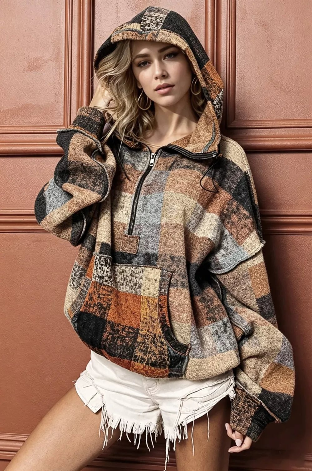 Double Take Full Size Half Zip Exposed Seam Fleece Hoodie - Desert Sunday