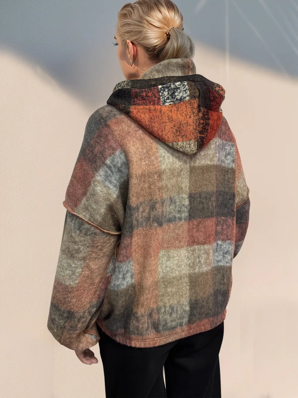 Double Take Full Size Half Zip Exposed Seam Fleece Hoodie - Desert Sunday