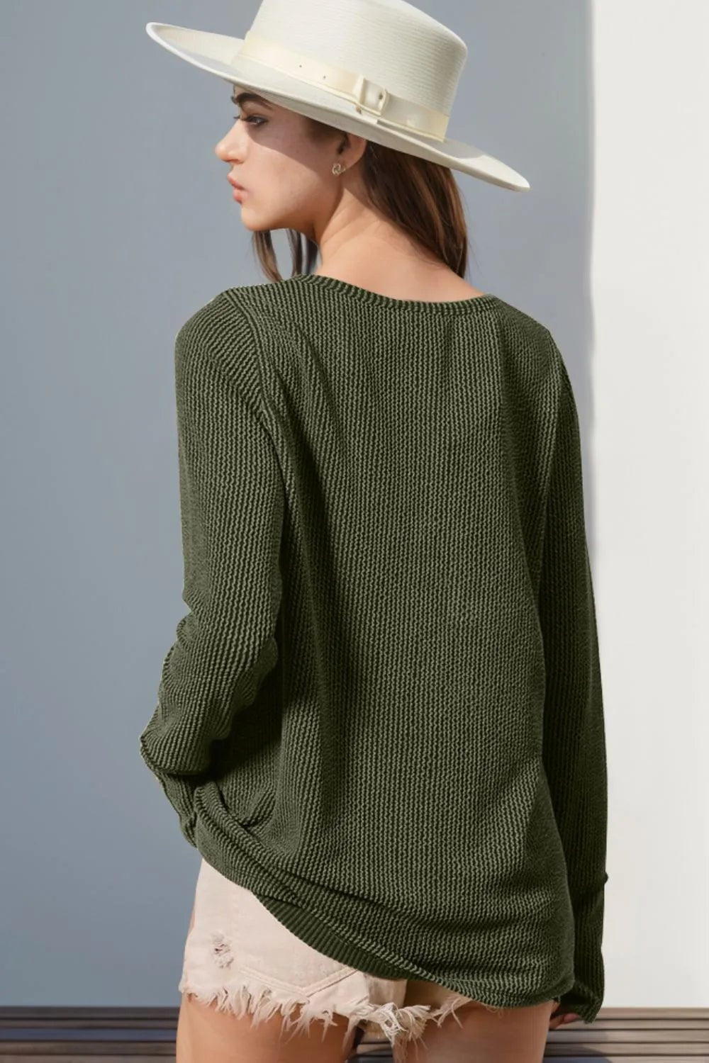 Double Take Full Size Notched Thumbhole Long Sleeve T-Shirt - Desert Sunday