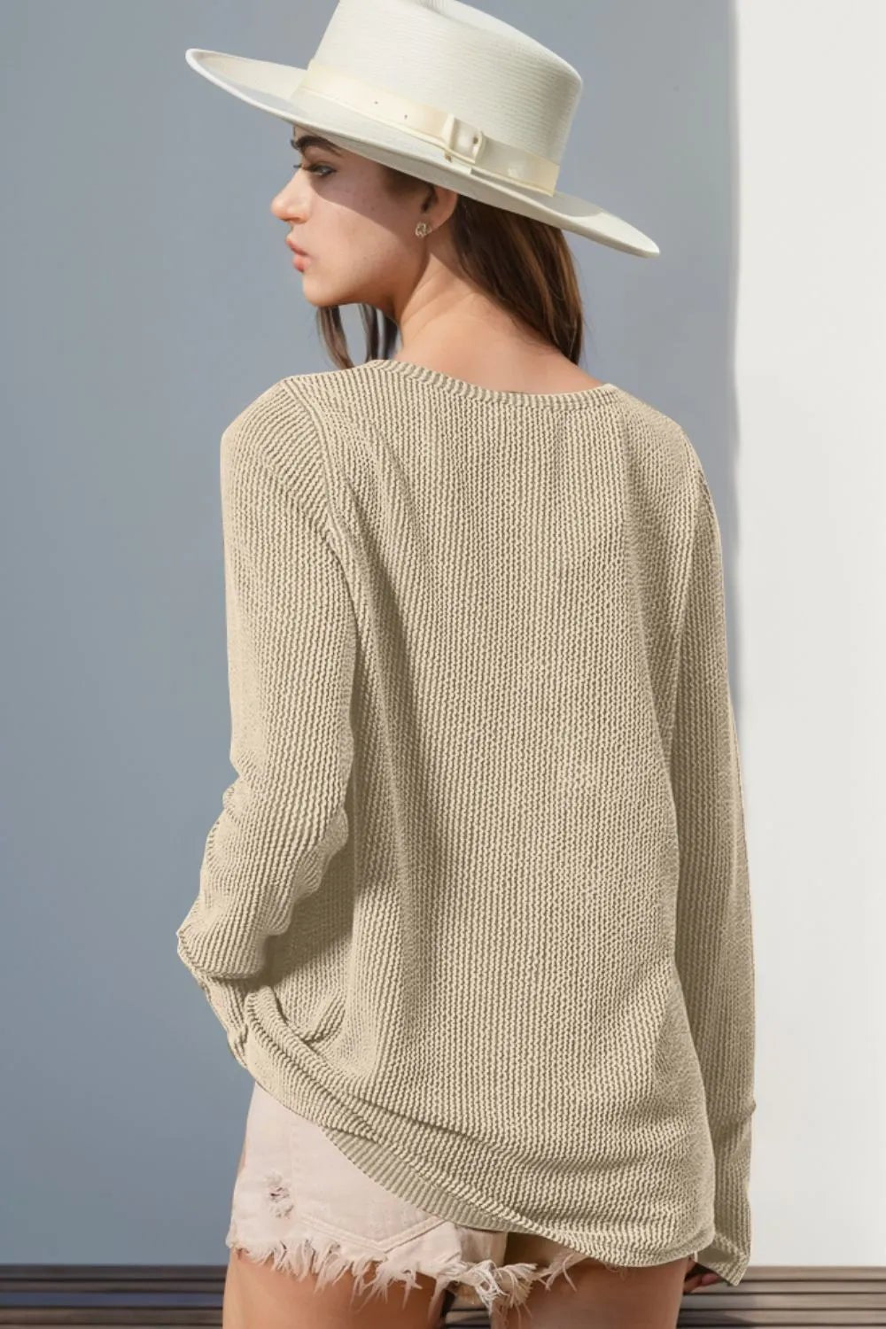 Double Take Full Size Notched Thumbhole Long Sleeve T-Shirt - Desert Sunday