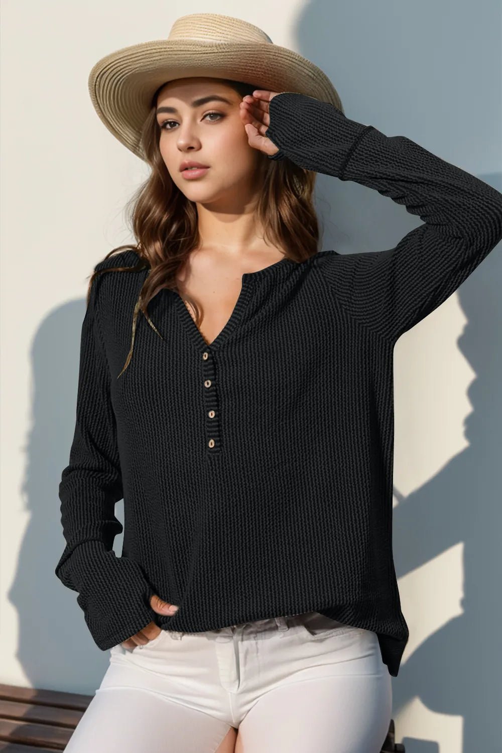 Double Take Full Size Notched Thumbhole Long Sleeve T-Shirt - Desert Sunday