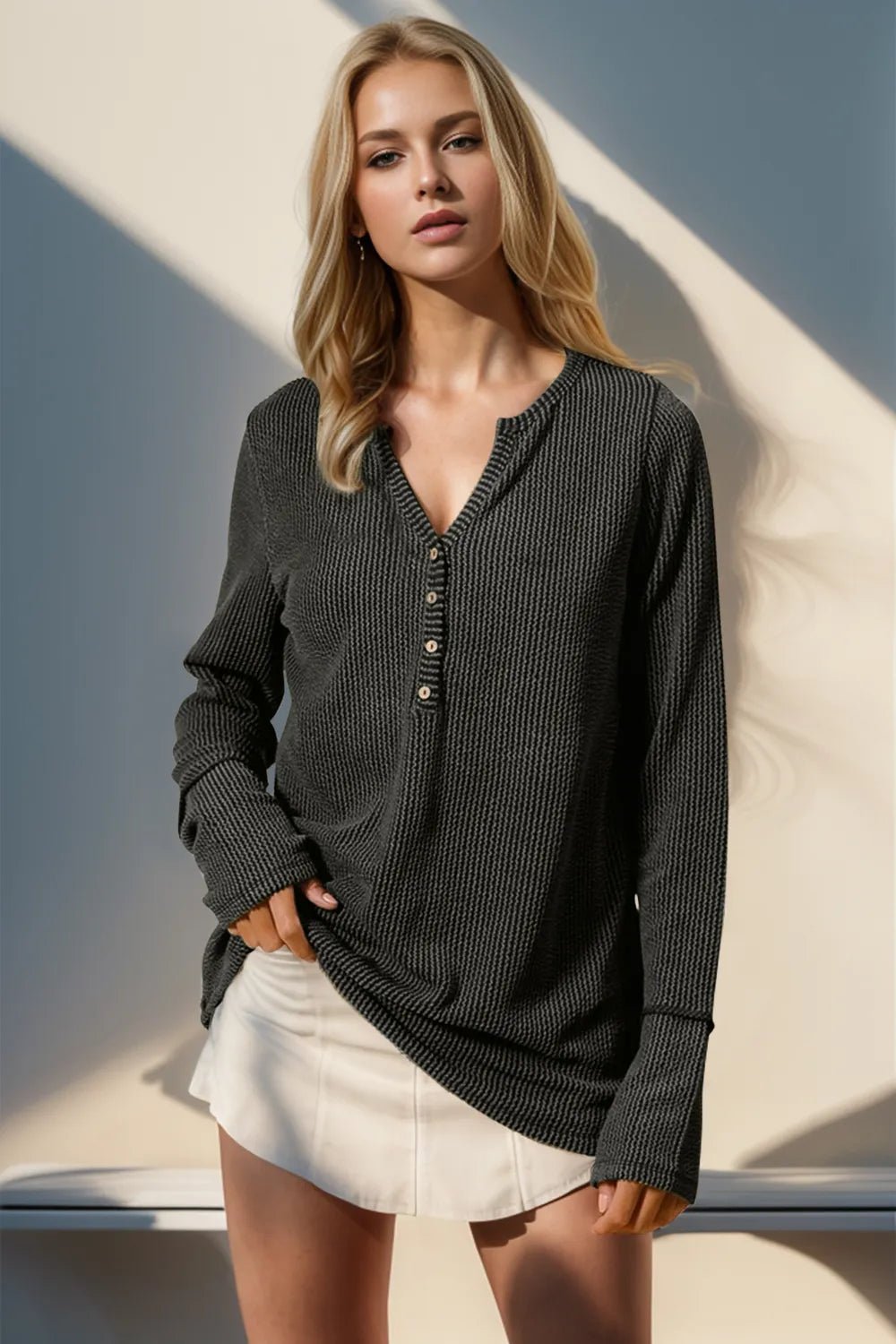 Double Take Full Size Notched Thumbhole Long Sleeve T-Shirt - Desert Sunday