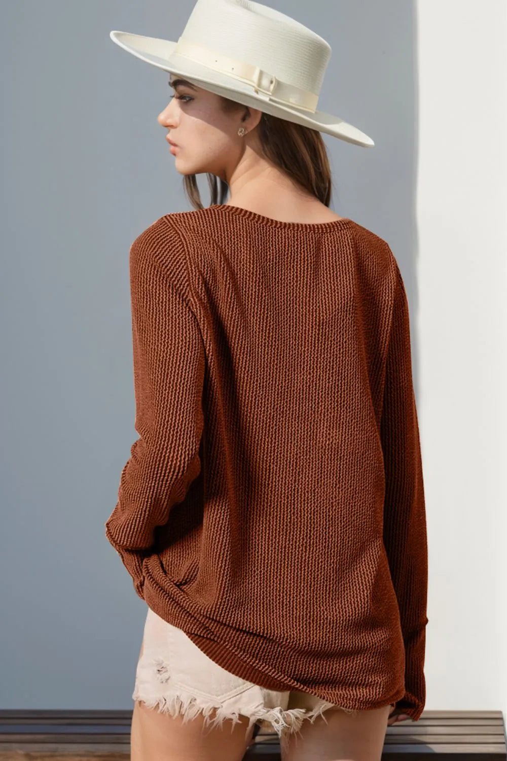 Double Take Full Size Notched Thumbhole Long Sleeve T-Shirt - Desert Sunday