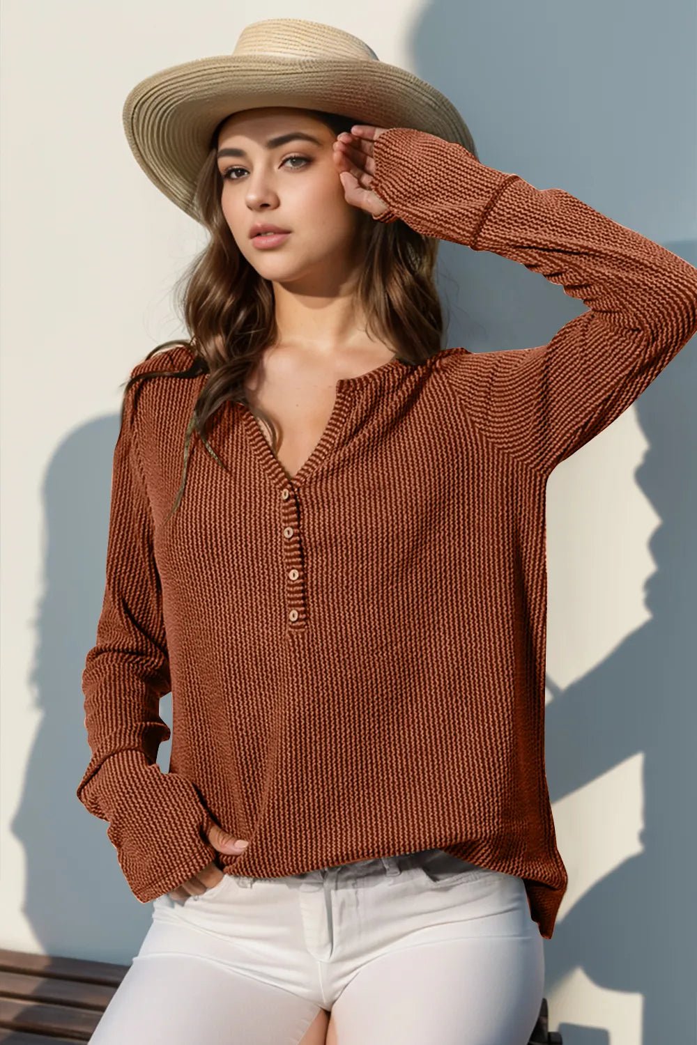 Double Take Full Size Notched Thumbhole Long Sleeve T-Shirt - Desert Sunday
