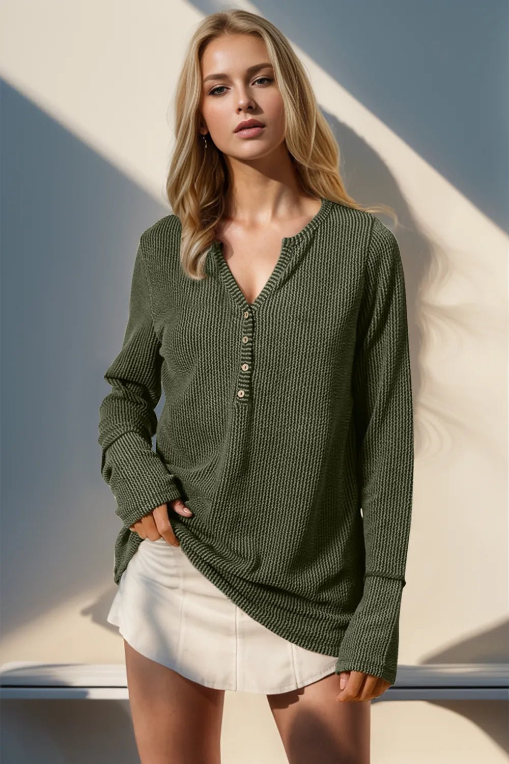 Double Take Full Size Notched Thumbhole Long Sleeve T-Shirt - Desert Sunday
