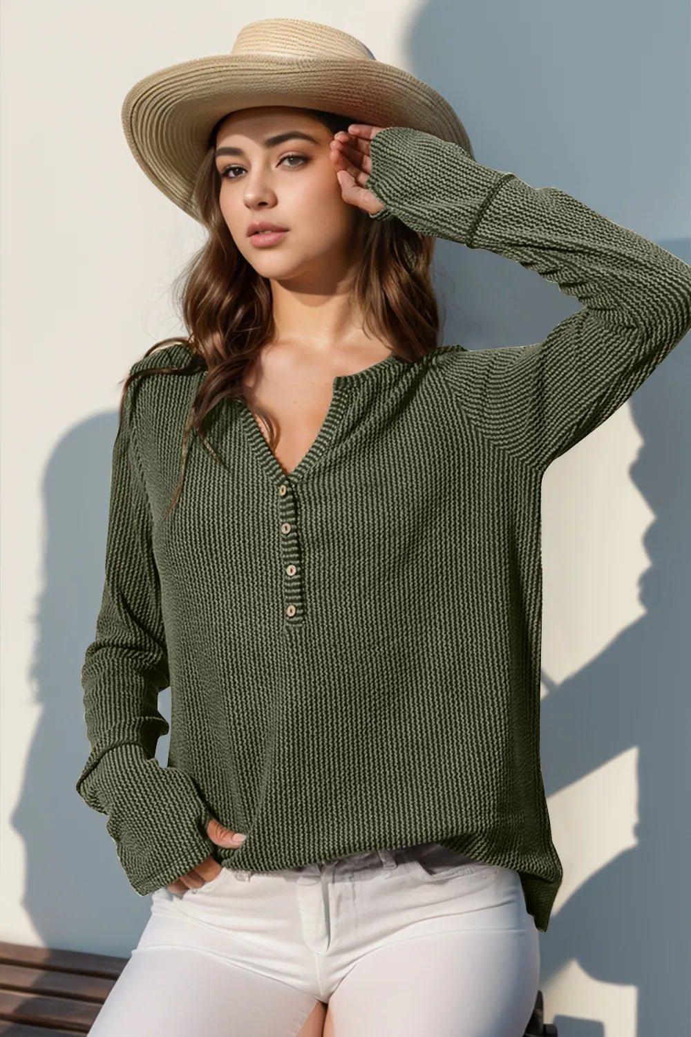Double Take Full Size Notched Thumbhole Long Sleeve T-Shirt - Desert Sunday