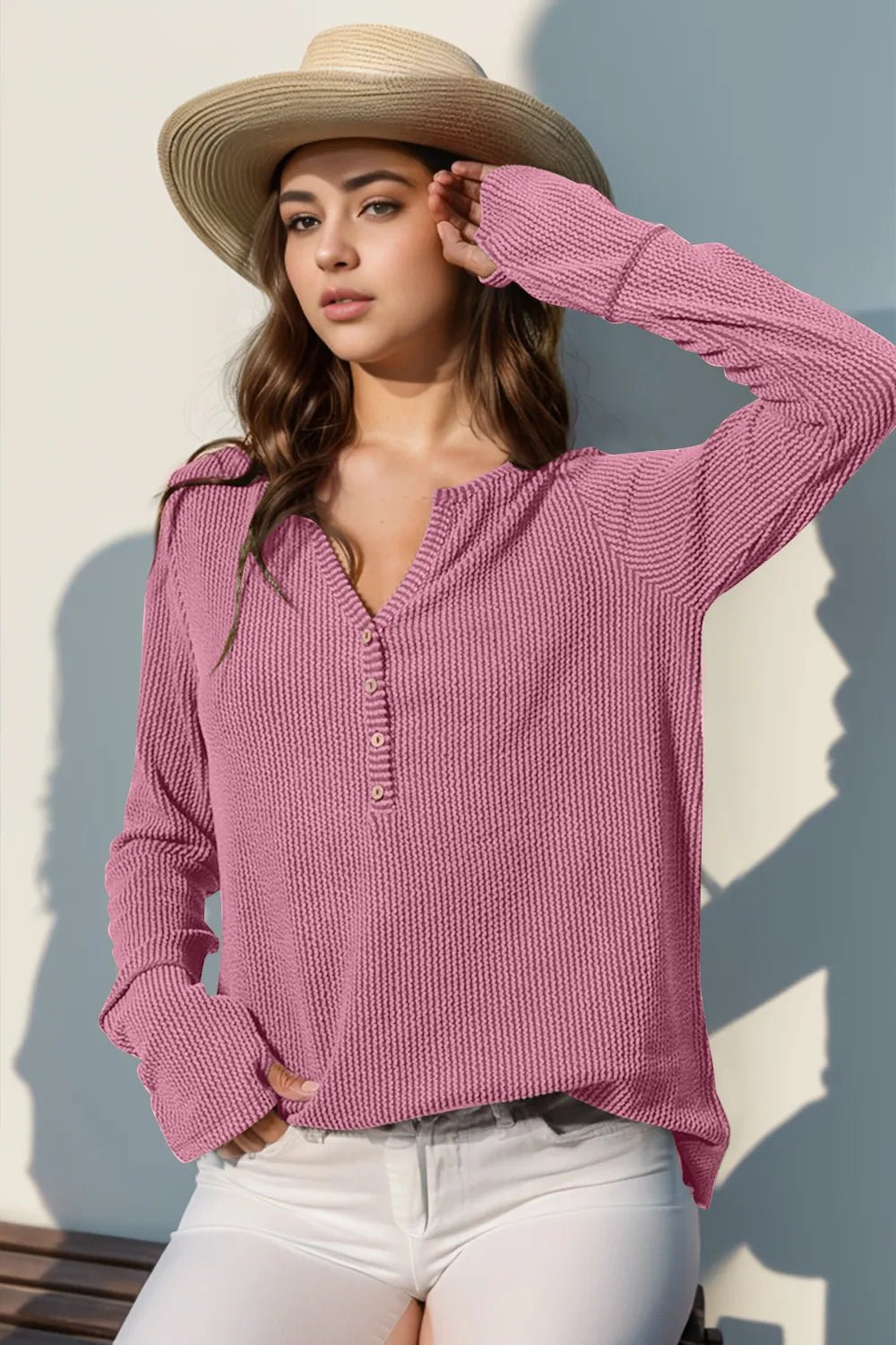 Double Take Full Size Notched Thumbhole Long Sleeve T-Shirt - Desert Sunday
