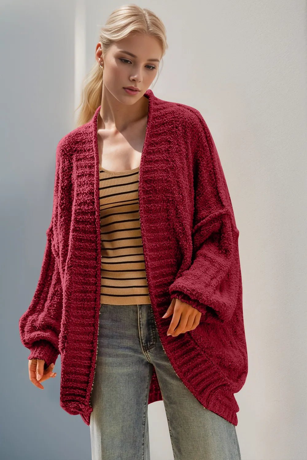 Double Take Full Size Open Front Long Sleeve Cardigan - Desert Sunday