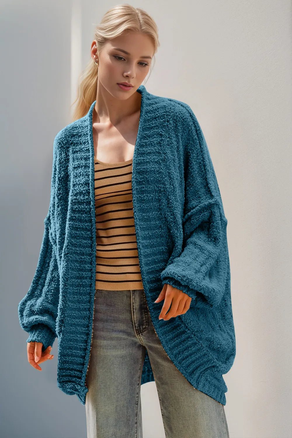Double Take Full Size Open Front Long Sleeve Cardigan - Desert Sunday