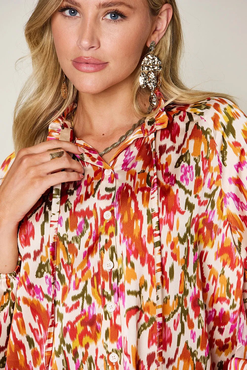 Double Take Full Size Printed Button Up Long Sleeve Shirt - Desert Sunday