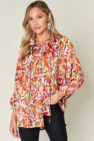 Double Take Full Size Printed Button Up Long Sleeve Shirt - Desert Sunday