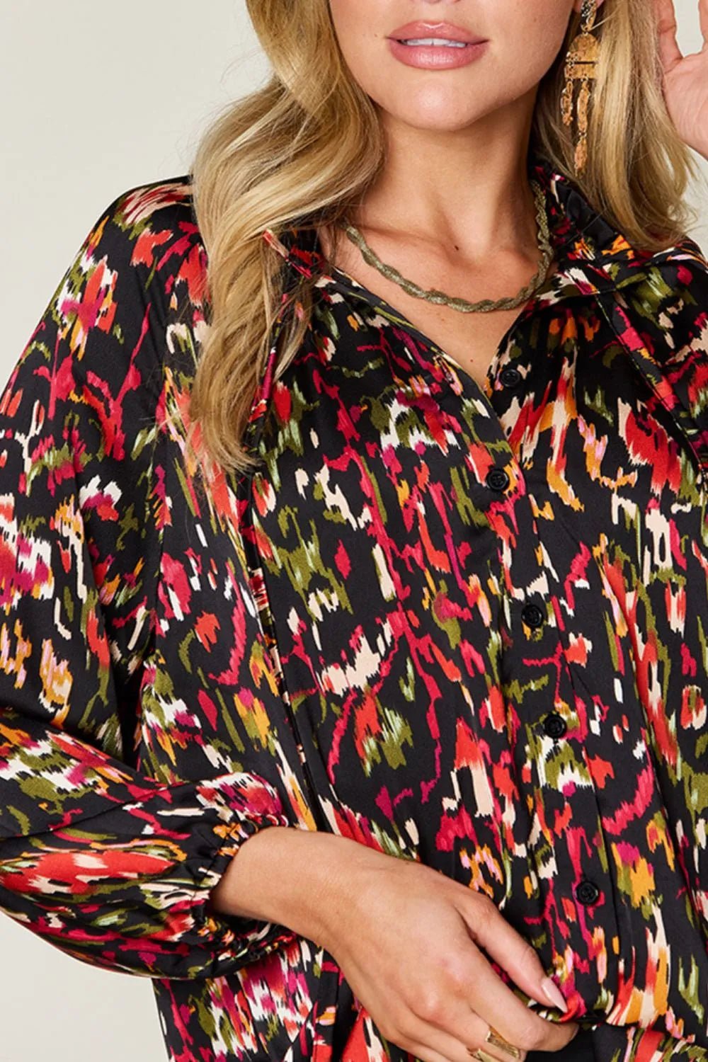 Double Take Full Size Printed Button Up Long Sleeve Shirt - Desert Sunday