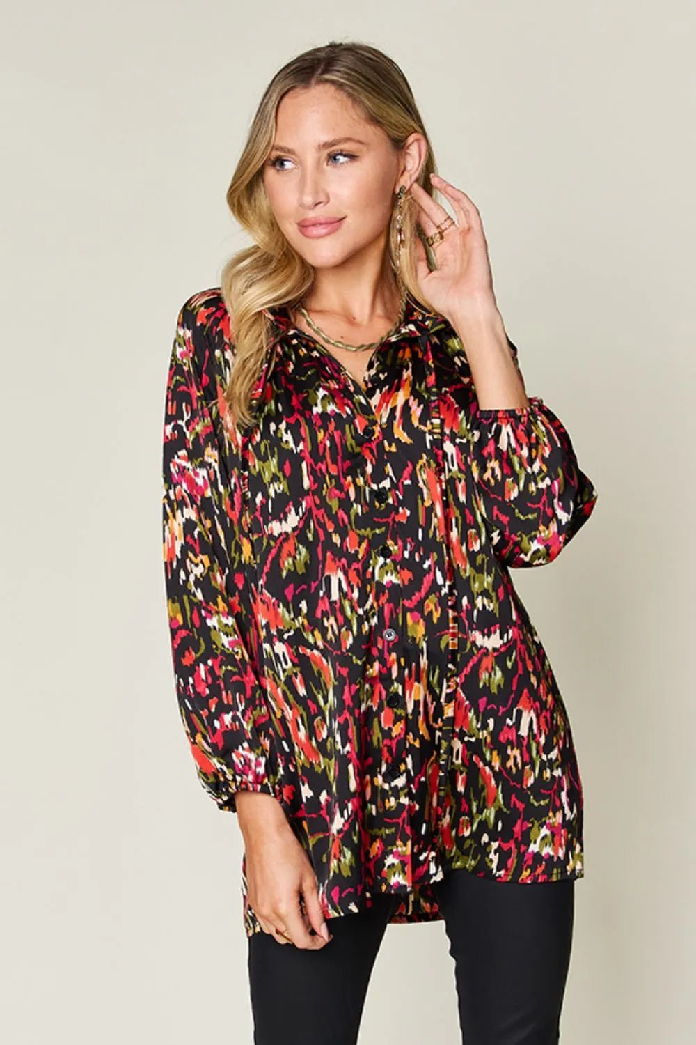 Double Take Full Size Printed Button Up Long Sleeve Shirt - Desert Sunday