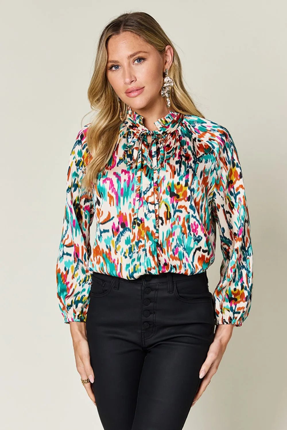 Double Take Full Size Printed Button Up Long Sleeve Shirt - Desert Sunday