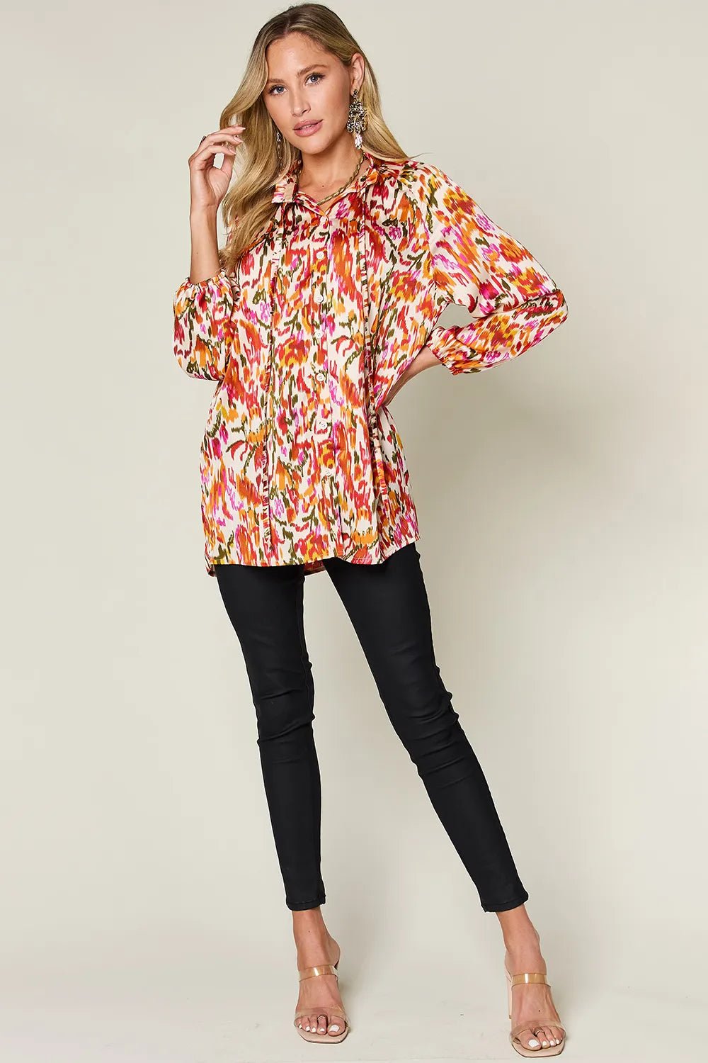 Double Take Full Size Printed Button Up Long Sleeve Shirt - Desert Sunday
