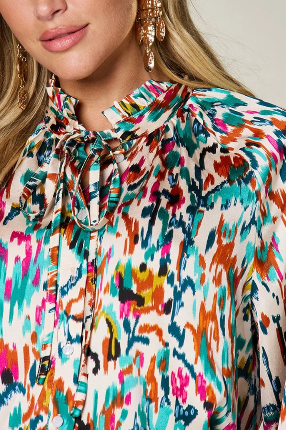 Double Take Full Size Printed Button Up Long Sleeve Shirt - Desert Sunday