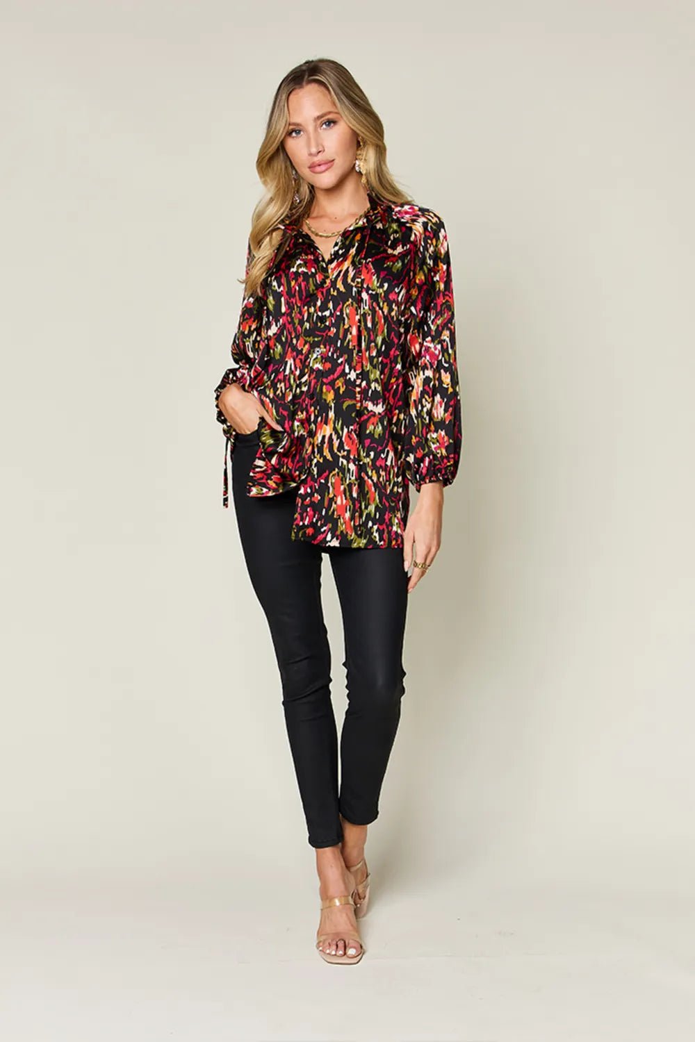 Double Take Full Size Printed Button Up Long Sleeve Shirt - Desert Sunday