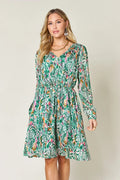 Double Take Full Size Printed Drawstring Waist Long Sleeve Dress - Desert Sunday