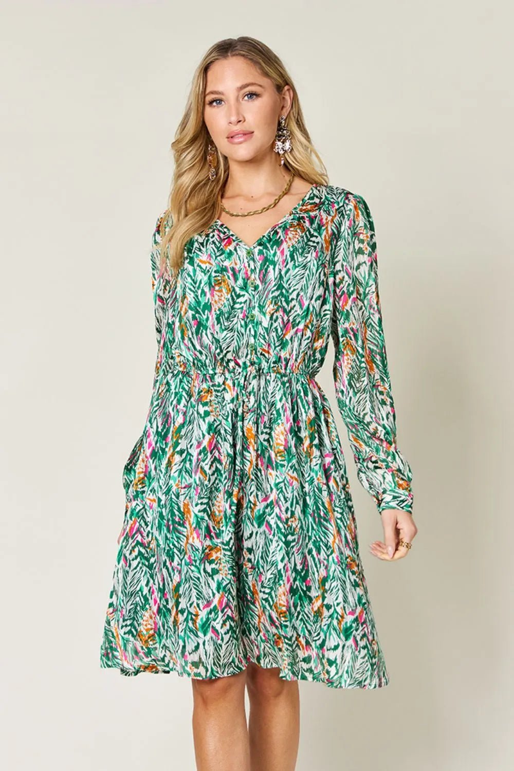 Double Take Full Size Printed Drawstring Waist Long Sleeve Dress - Desert Sunday