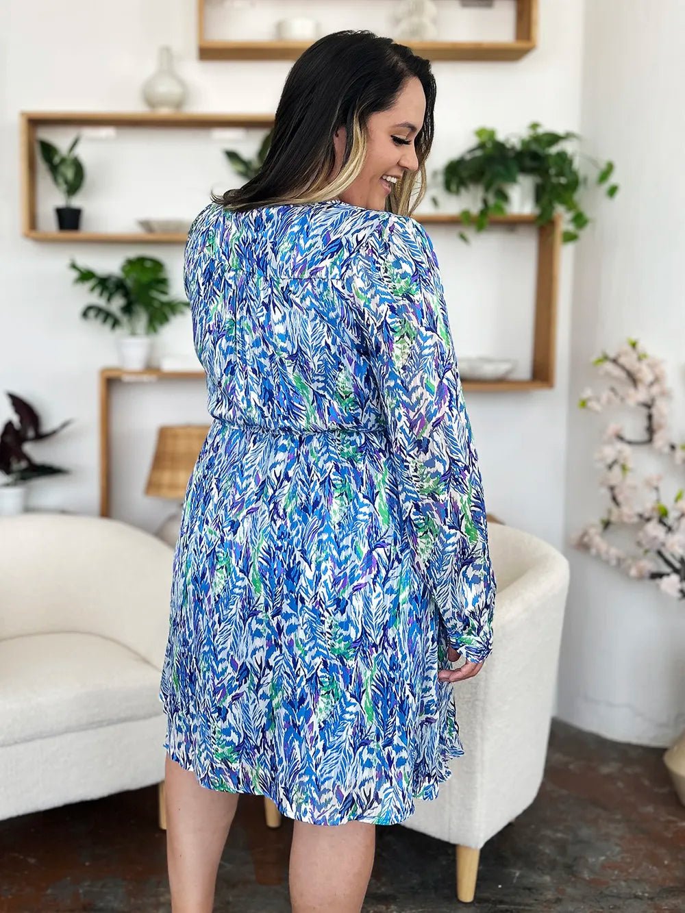Double Take Full Size Printed Drawstring Waist Long Sleeve Dress - Desert Sunday