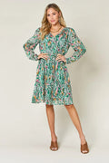 Double Take Full Size Printed Drawstring Waist Long Sleeve Dress - Desert Sunday