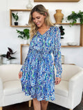 Double Take Full Size Printed Drawstring Waist Long Sleeve Dress - Desert Sunday