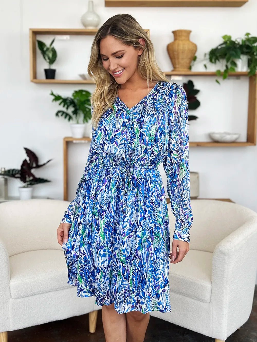 Double Take Full Size Printed Drawstring Waist Long Sleeve Dress - Desert Sunday