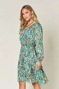 Double Take Full Size Printed Drawstring Waist Long Sleeve Dress - Desert Sunday