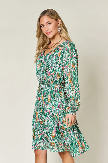 Double Take Full Size Printed Drawstring Waist Long Sleeve Dress - Desert Sunday