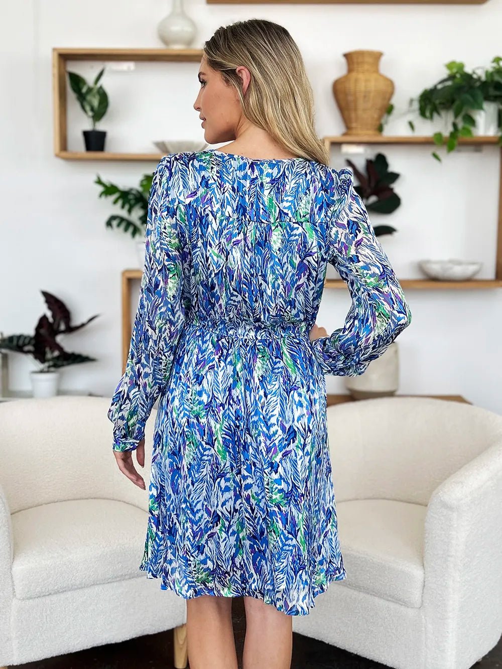 Double Take Full Size Printed Drawstring Waist Long Sleeve Dress - Desert Sunday
