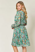 Double Take Full Size Printed Drawstring Waist Long Sleeve Dress - Desert Sunday