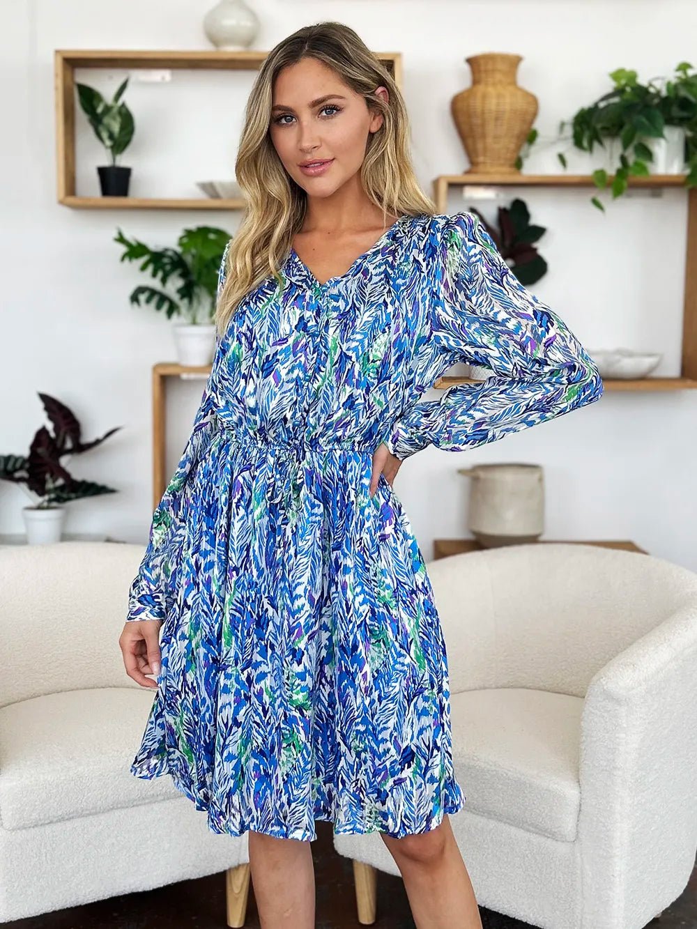 Double Take Full Size Printed Drawstring Waist Long Sleeve Dress - Desert Sunday