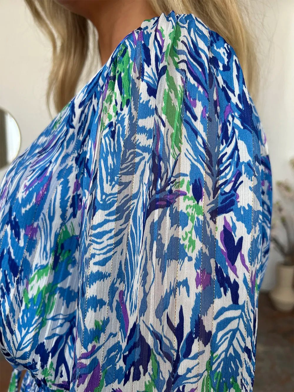 Double Take Full Size Printed Drawstring Waist Long Sleeve Dress - Desert Sunday