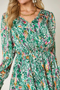 Double Take Full Size Printed Drawstring Waist Long Sleeve Dress - Desert Sunday