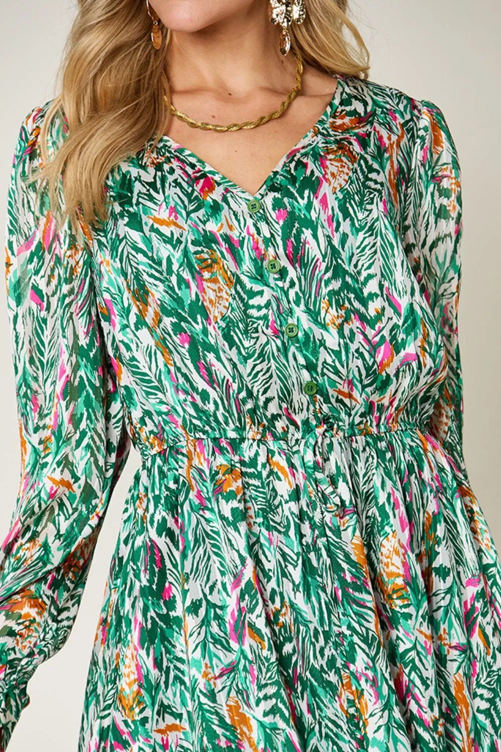 Double Take Full Size Printed Drawstring Waist Long Sleeve Dress - Desert Sunday