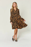 Double Take Full Size Printed Ruffle Hem Long Sleeve Dress - Desert Sunday