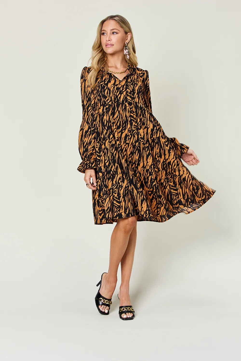 Double Take Full Size Printed Ruffle Hem Long Sleeve Dress - Desert Sunday