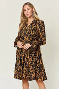 Double Take Full Size Printed Ruffle Hem Long Sleeve Dress - Desert Sunday