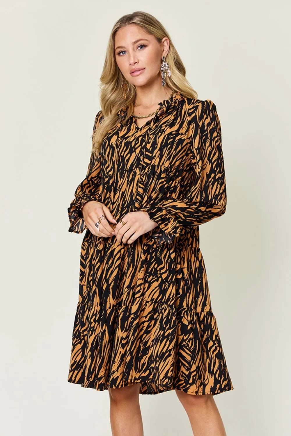 Double Take Full Size Printed Ruffle Hem Long Sleeve Dress - Desert Sunday