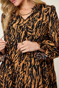 Double Take Full Size Printed Ruffle Hem Long Sleeve Dress - Desert Sunday